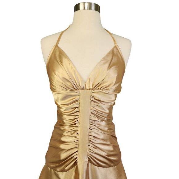 Jessica McClintock Womens Vintage Halter Dress Size 4 Gold Y2K Ruched Drop Waist - Picture 3 of 16